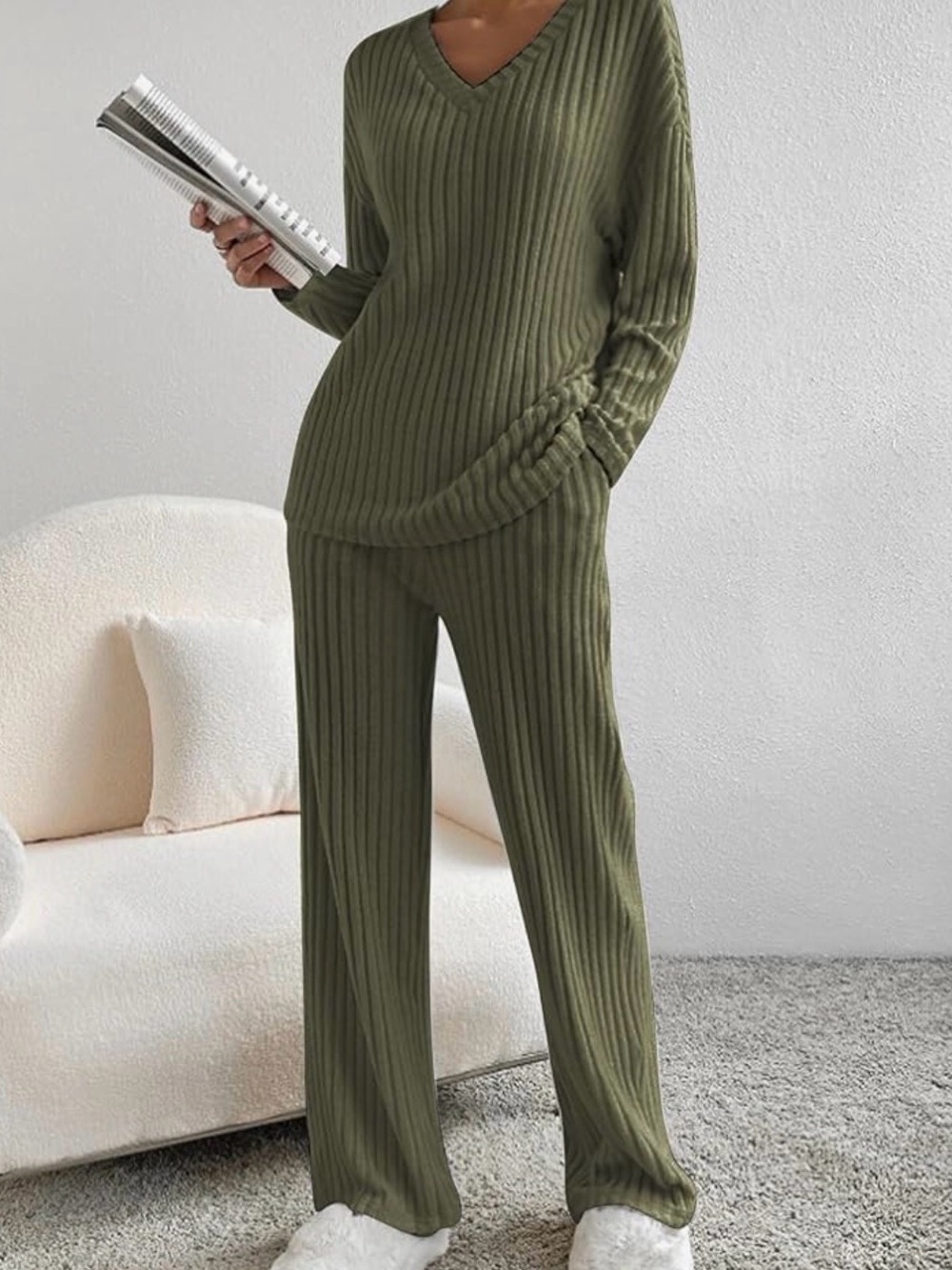 Olive Ribbed V-Neck Wide-Leg Lounge Pants & Top Set